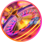Ruleta dorada girando con luces de neón de fondo, representando la diversión de los juegos de mesa en el casino en línea.